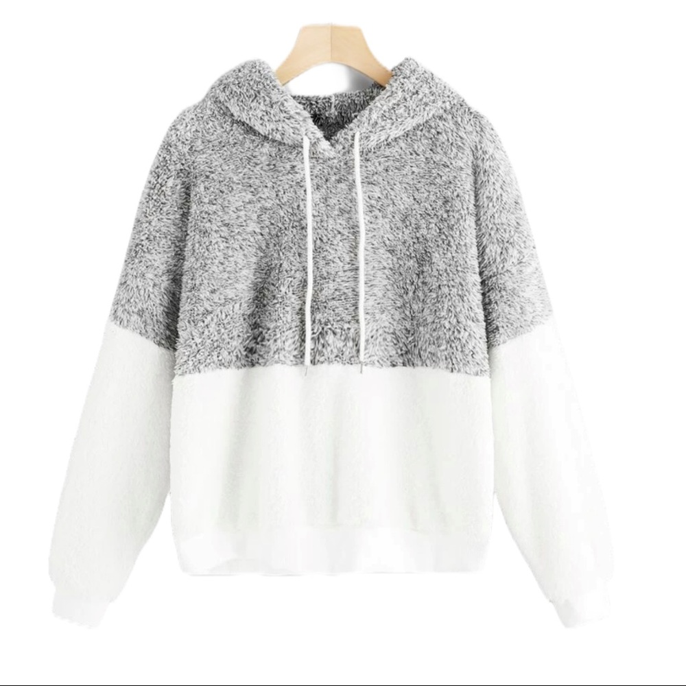 Teddy Hoodie Soft Fuzzy Sweatshirt Colorblock - Picture 2 of 7